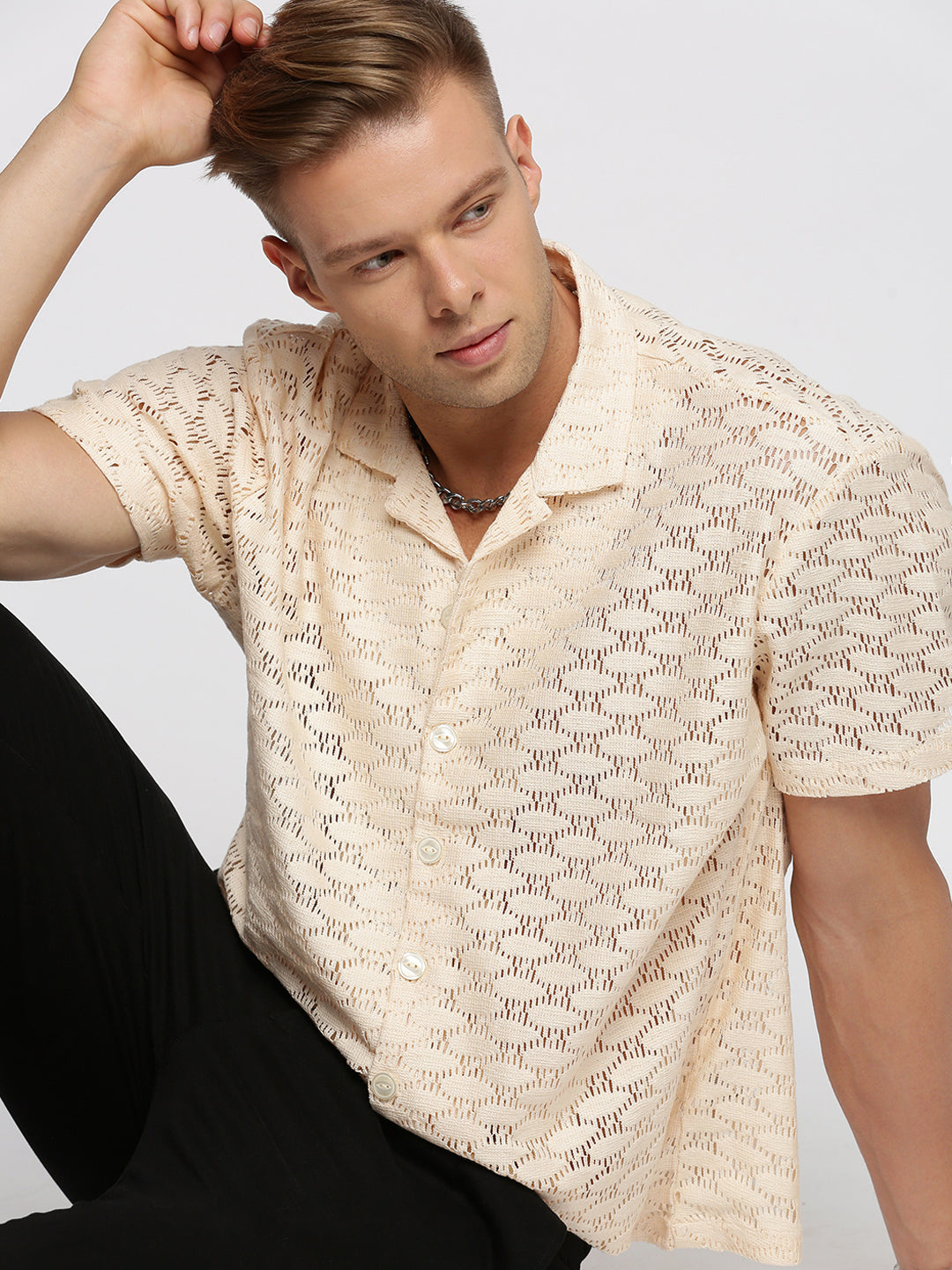 Men's Cream Comfort Cuban Collar Short Sleeves Cotton Casual Crochet Shirt