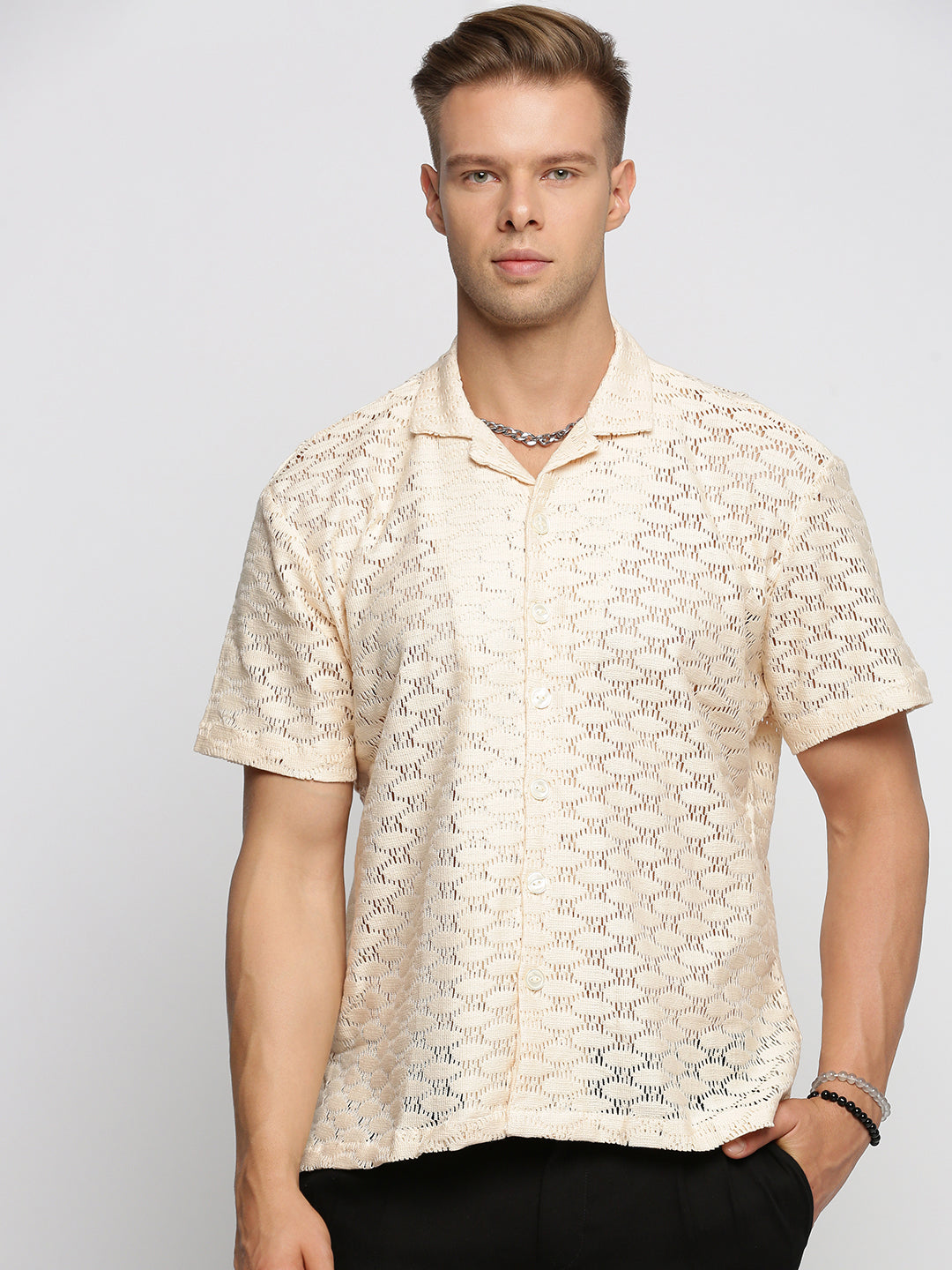 Men's Cream Comfort Cuban Collar Short Sleeves Cotton Casual Crochet Shirt
