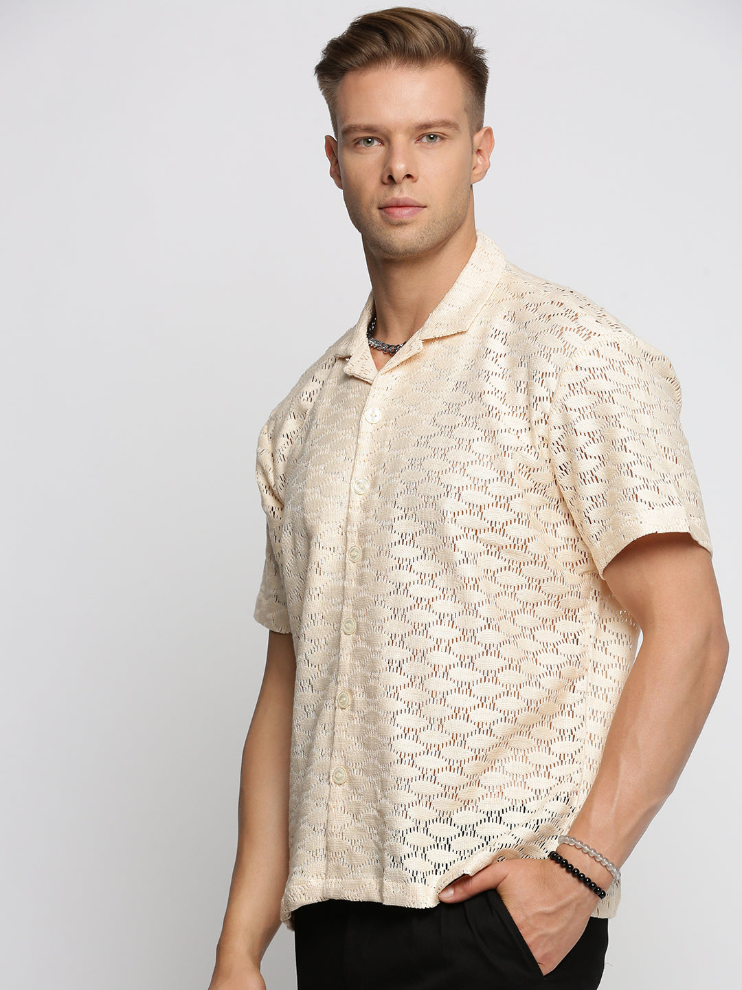 Men's Cream Comfort Cuban Collar Short Sleeves Cotton Casual Crochet Shirt