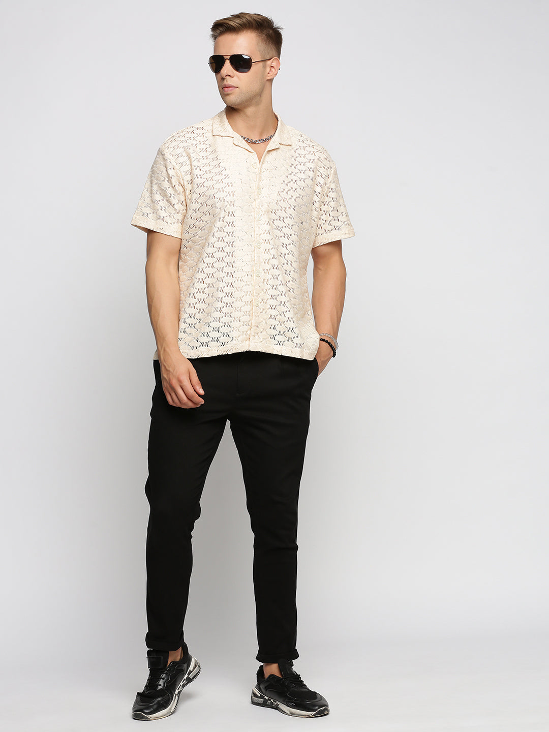 Men's Cream Comfort Cuban Collar Short Sleeves Cotton Casual Crochet Shirt