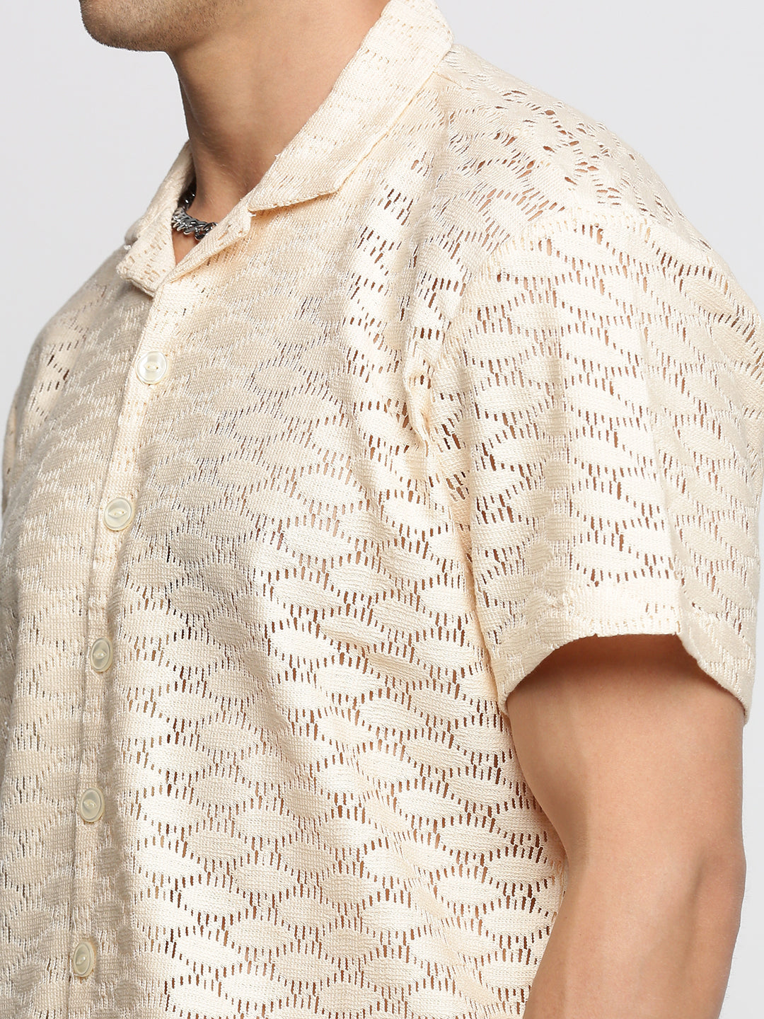 Men's Cream Comfort Cuban Collar Short Sleeves Cotton Casual Crochet Shirt