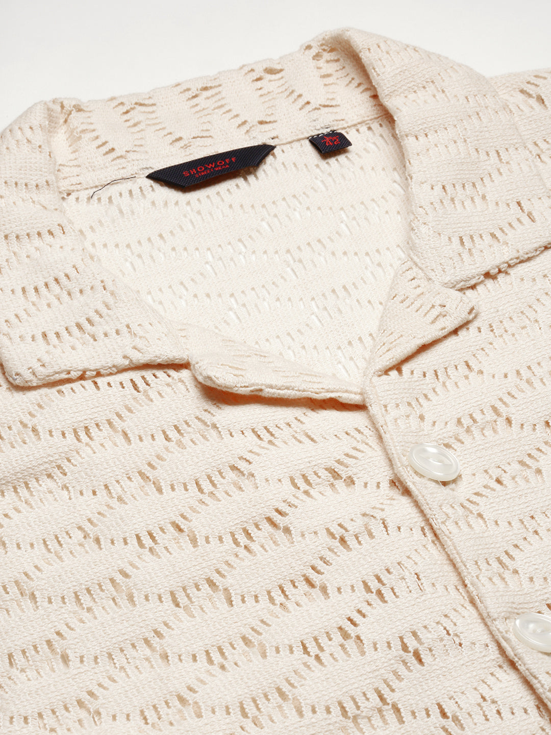 Men's Cream Comfort Cuban Collar Short Sleeves Cotton Casual Crochet Shirt