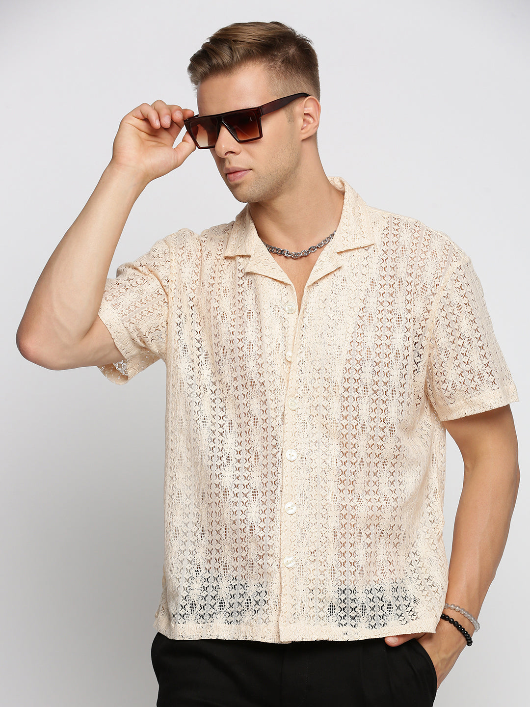 Men's Cream Comfort Geometric Cuban Collar Sheer Cotton Casual Crochet Shirt