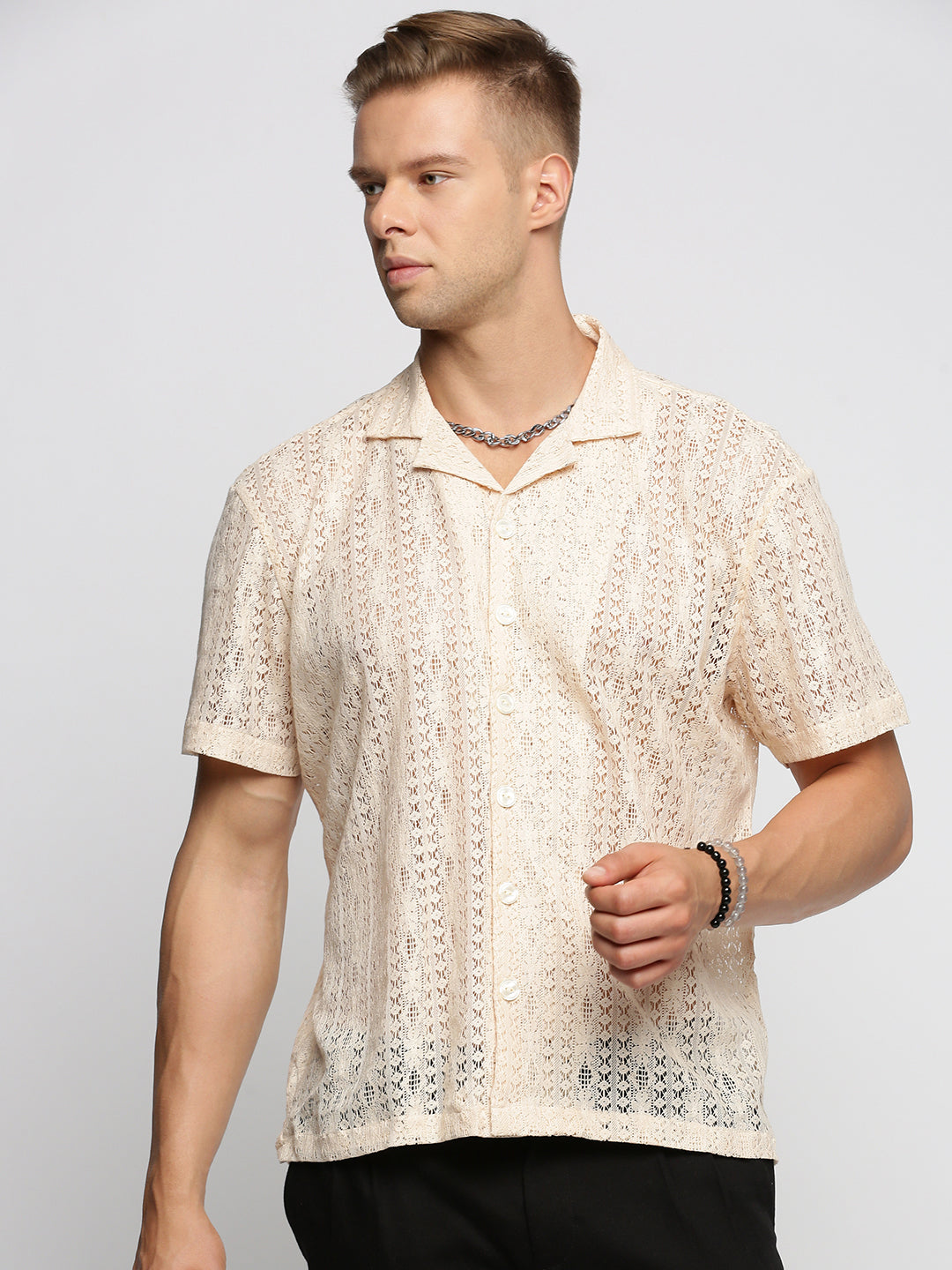 Men's Cream Comfort Geometric Cuban Collar Sheer Cotton Casual Crochet Shirt