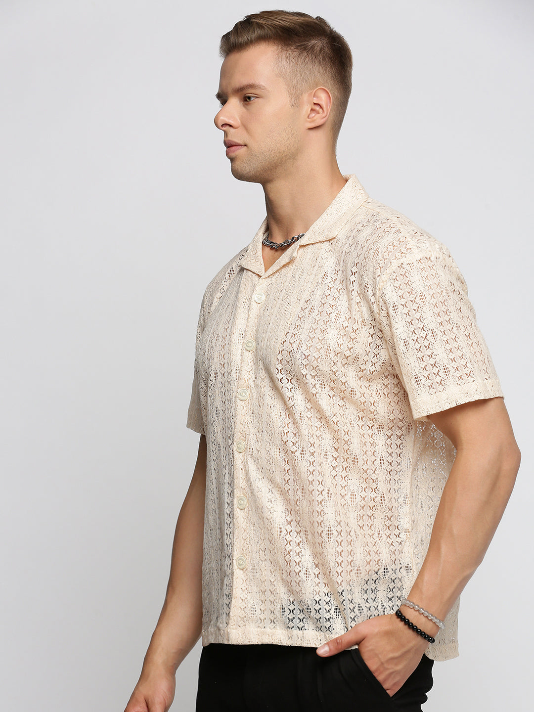 Men's Cream Comfort Geometric Cuban Collar Sheer Cotton Casual Crochet Shirt
