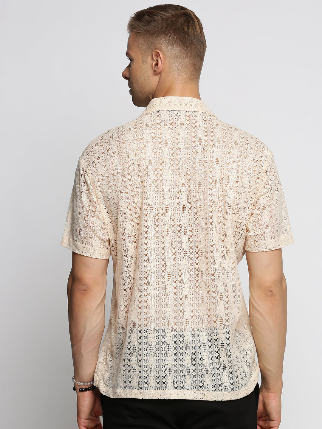 Men's Cream Comfort Geometric Cuban Collar Sheer Cotton Casual Crochet Shirt