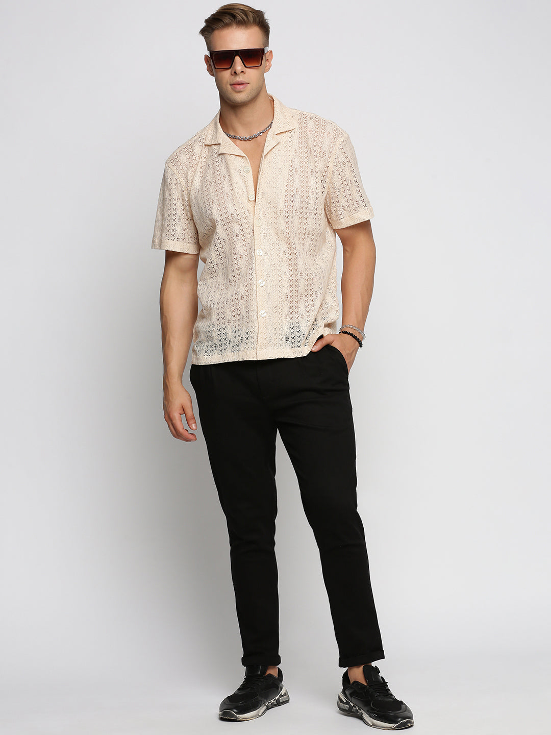 Men's Cream Comfort Geometric Cuban Collar Sheer Cotton Casual Crochet Shirt
