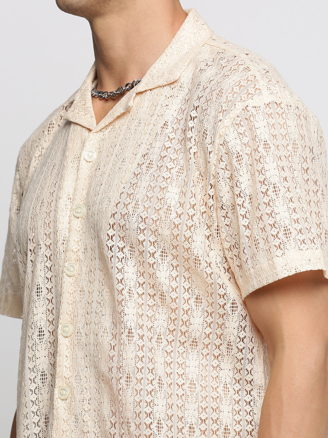 Men's Cream Comfort Geometric Cuban Collar Sheer Cotton Casual Crochet Shirt