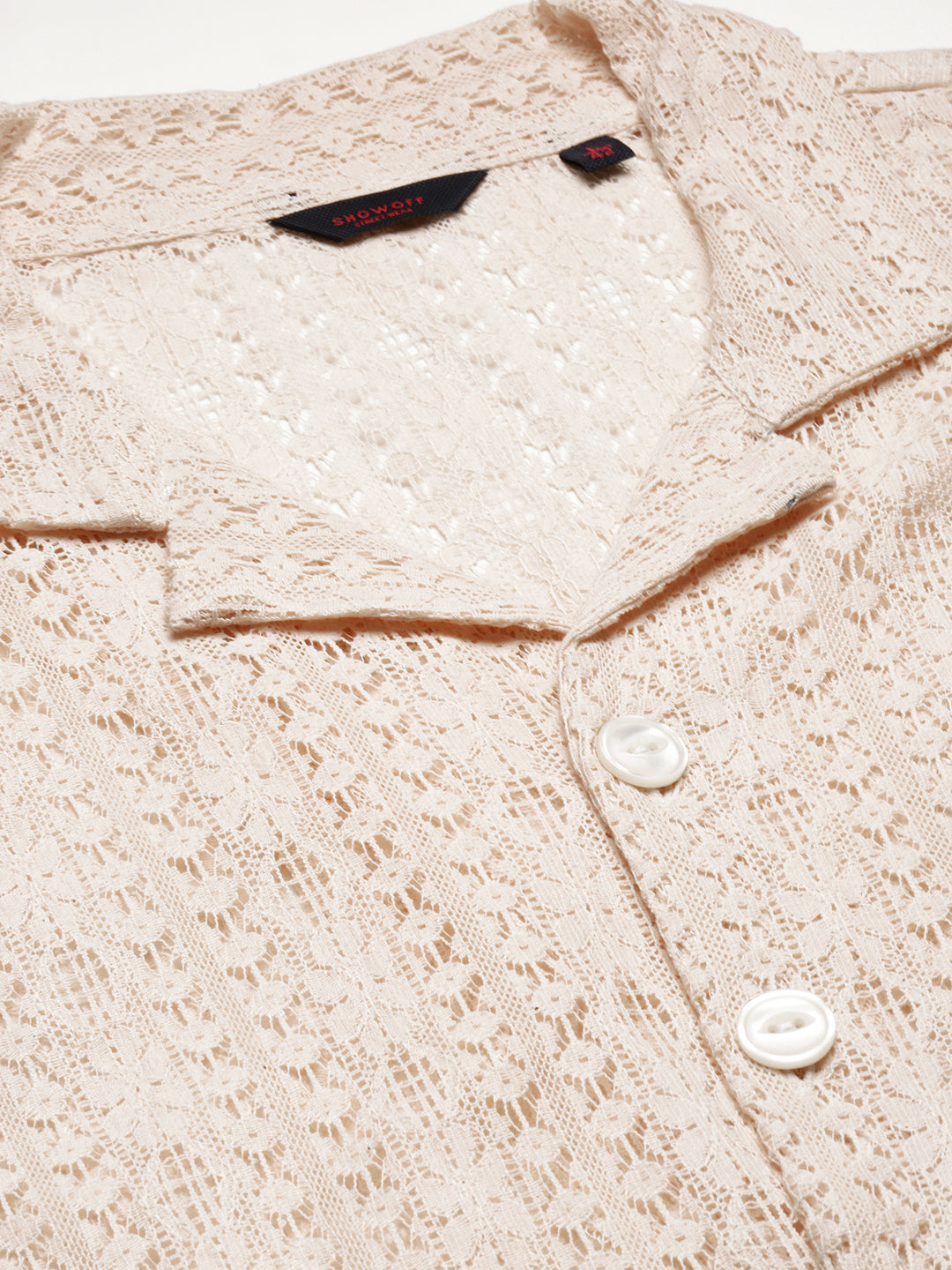 Men's Cream Comfort Geometric Cuban Collar Sheer Cotton Casual Crochet Shirt