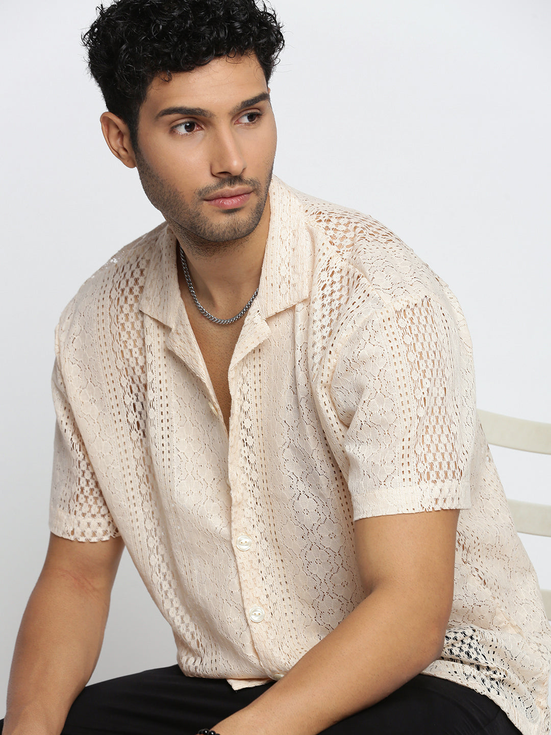 Men's Cream Comfort Floral Sheer Cotton Casual Crochet Shirt