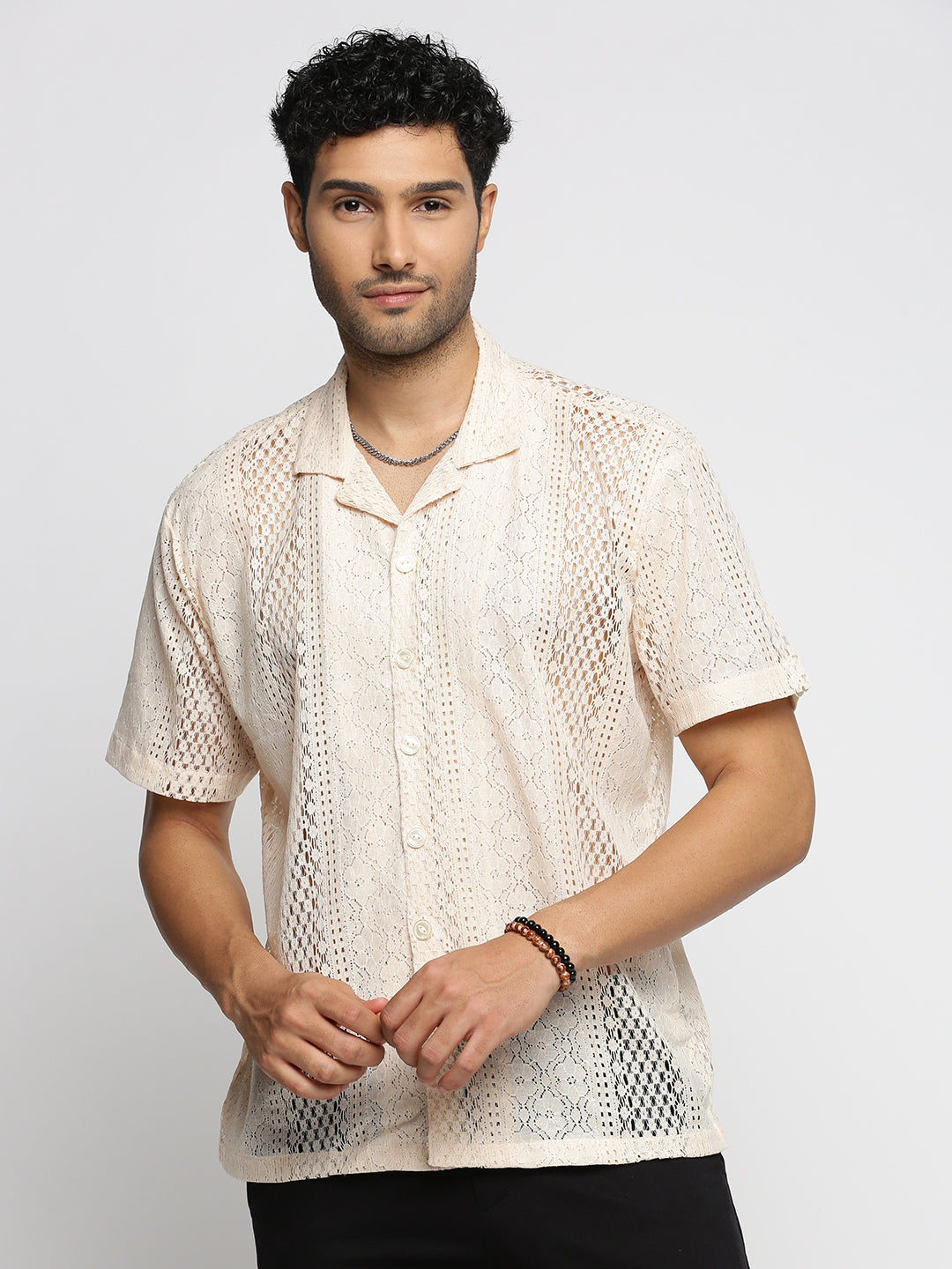 Men's Cream Comfort Floral Sheer Cotton Casual Crochet Shirt