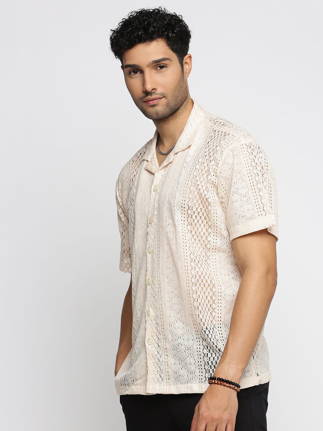 Men's Cream Comfort Floral Sheer Cotton Casual Crochet Shirt