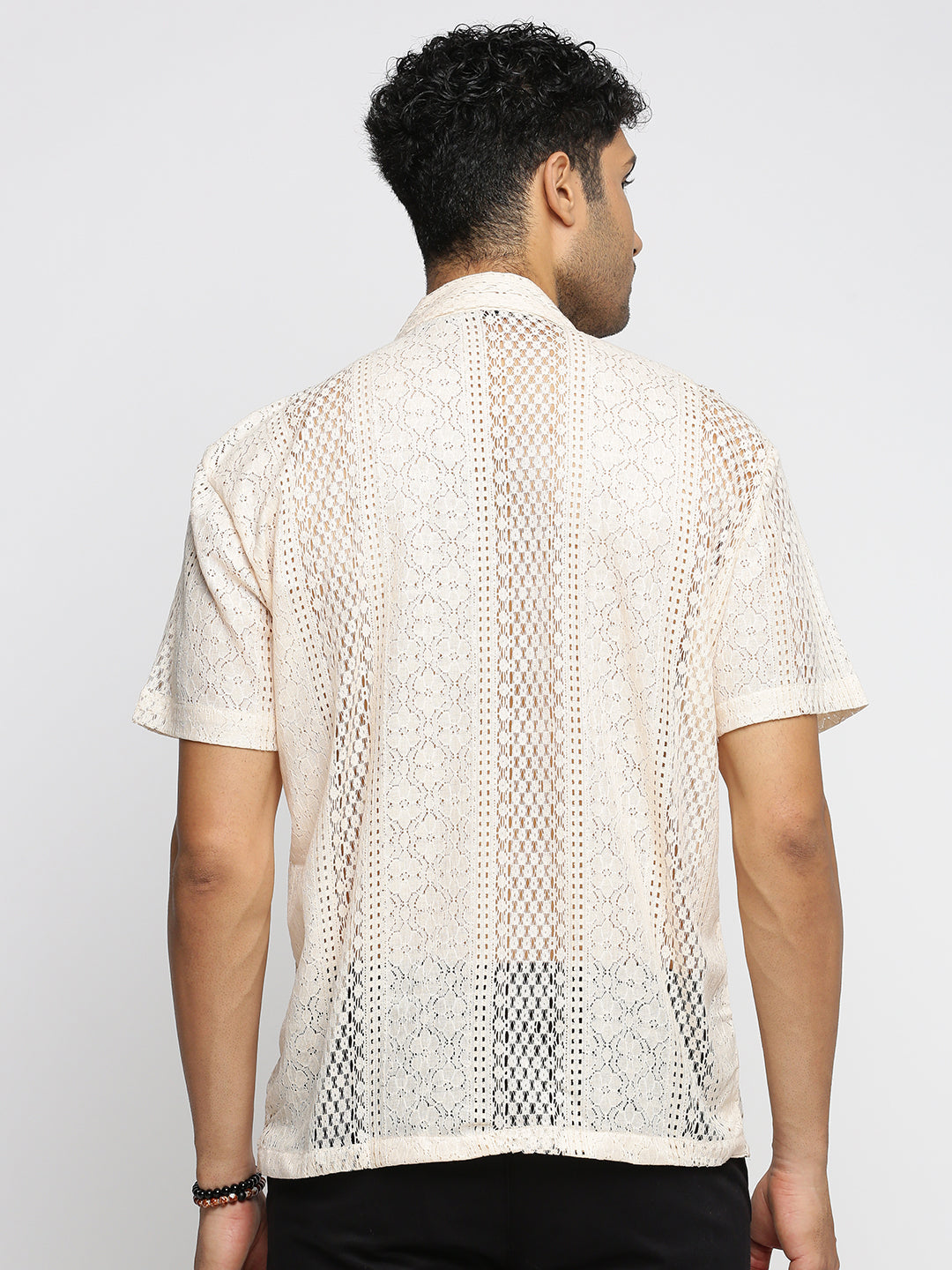 Men's Cream Comfort Floral Sheer Cotton Casual Crochet Shirt