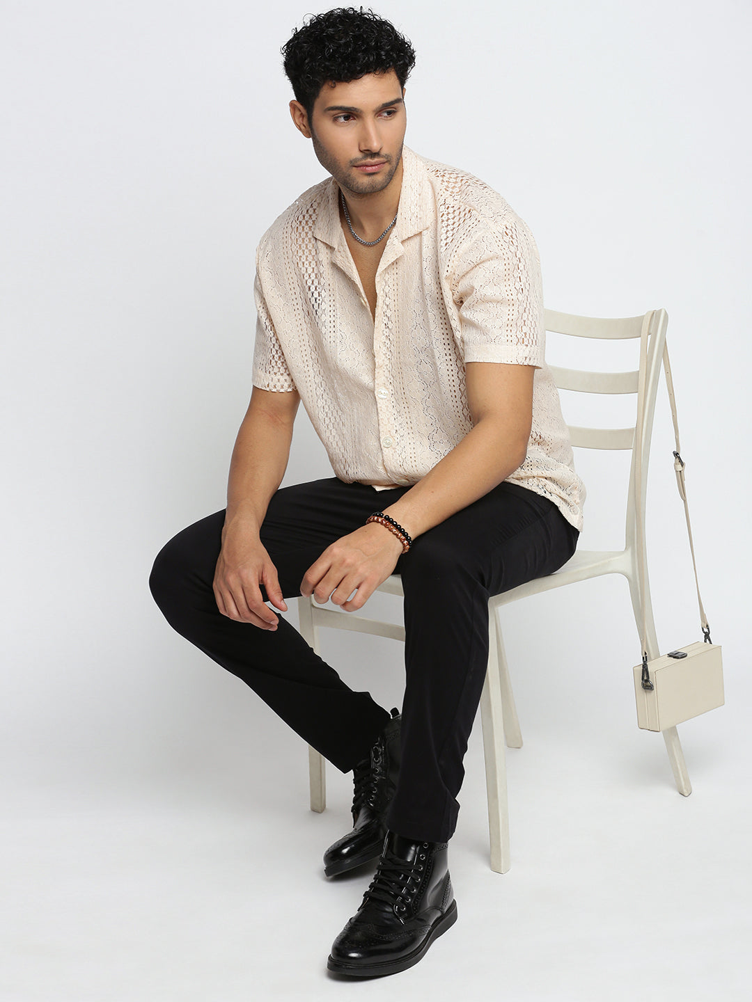 Men's Cream Comfort Floral Sheer Cotton Casual Crochet Shirt