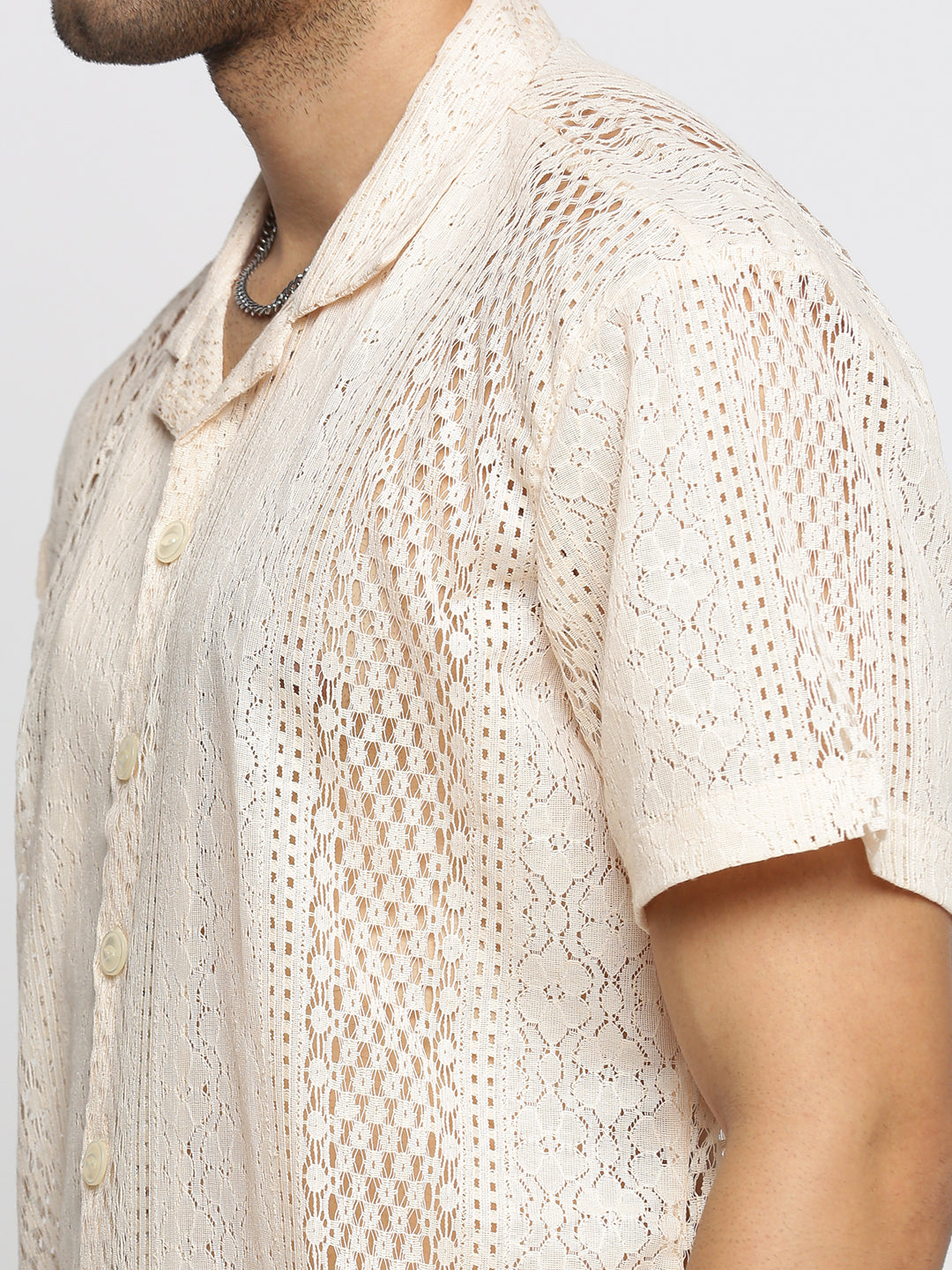 Men's Cream Comfort Floral Sheer Cotton Casual Crochet Shirt
