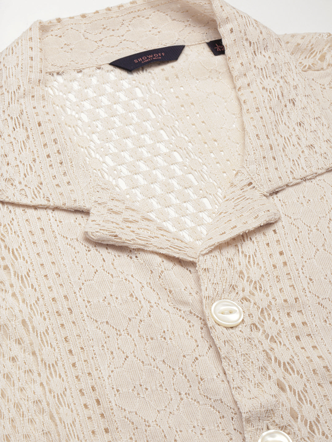 Men's Cream Comfort Floral Sheer Cotton Casual Crochet Shirt