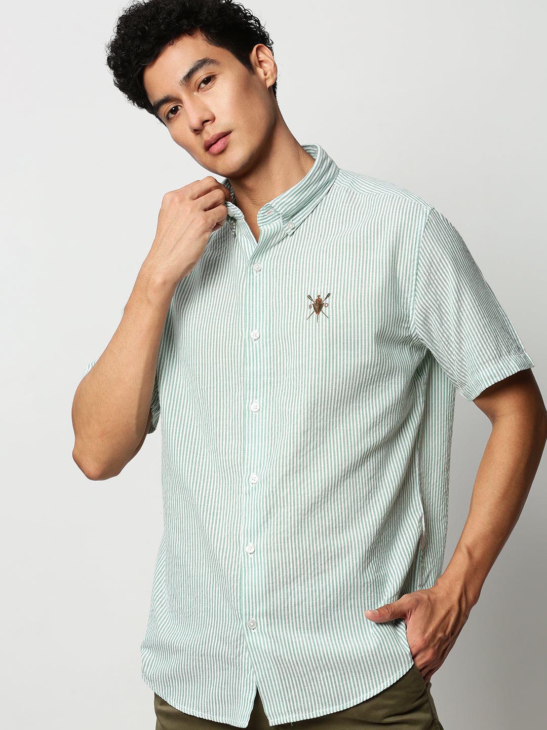 Men Green Striped Casual Casual Shirts