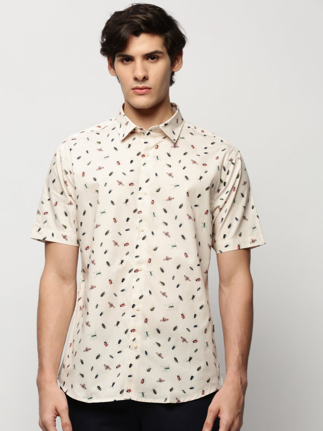 Men Cream Printed Casual Casual Shirts