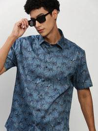 Men's Blue Standard Slim Fit Tropical Printed Cotton Casual Shirt