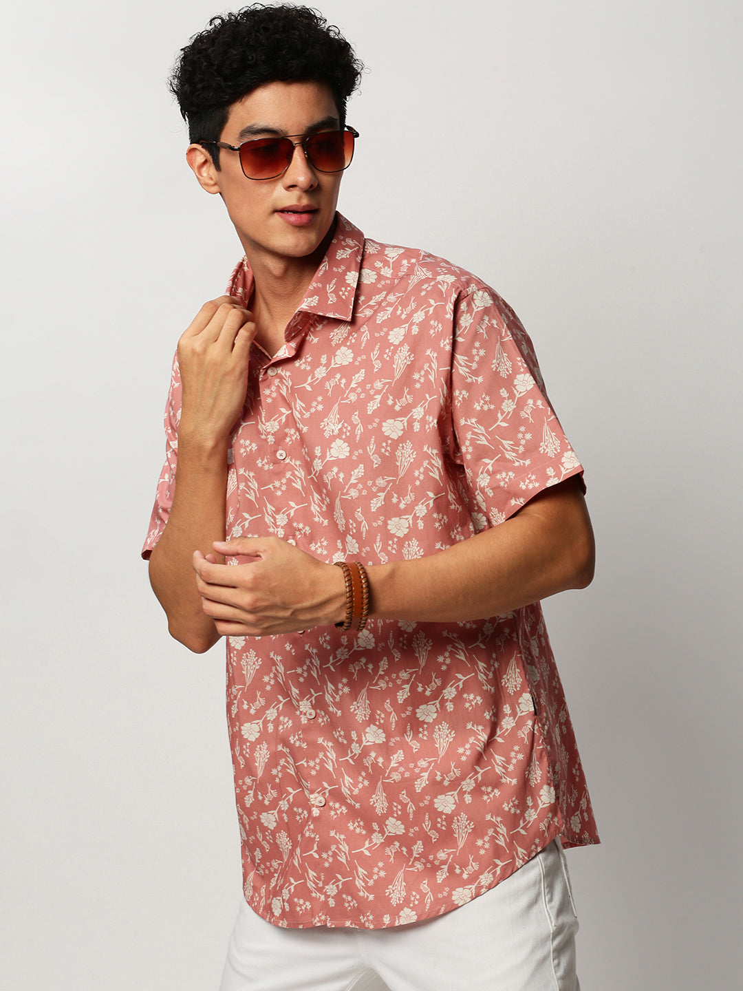 Men Peach Floral Casual Casual Shirts