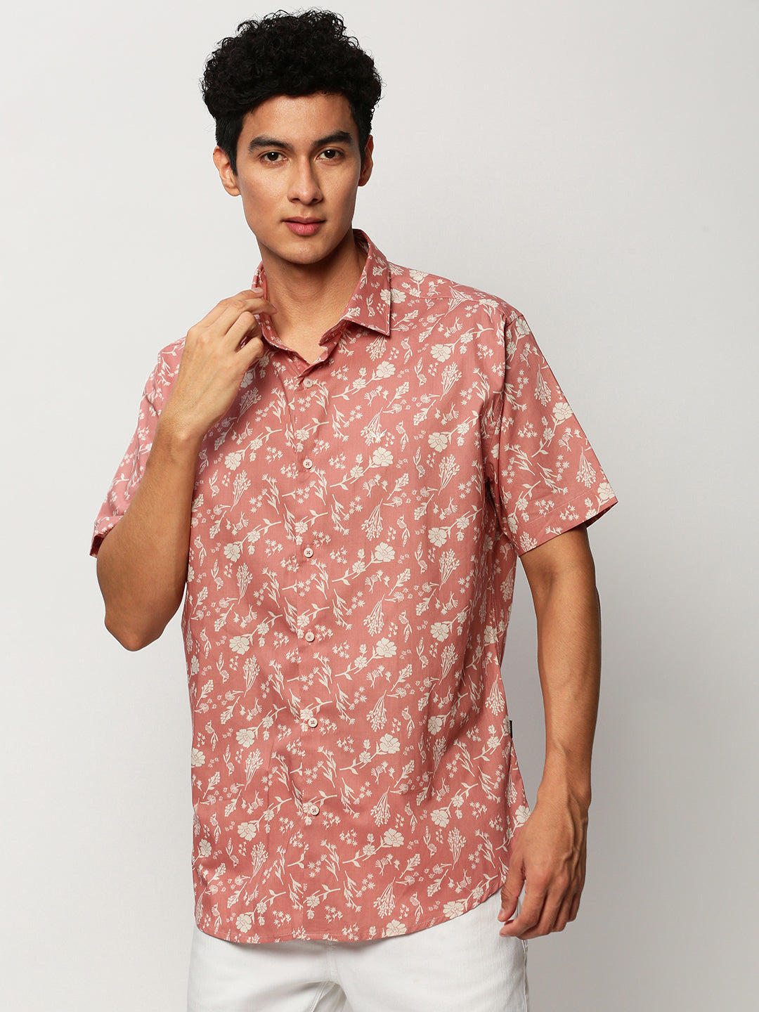 Men Peach Floral Casual Casual Shirts