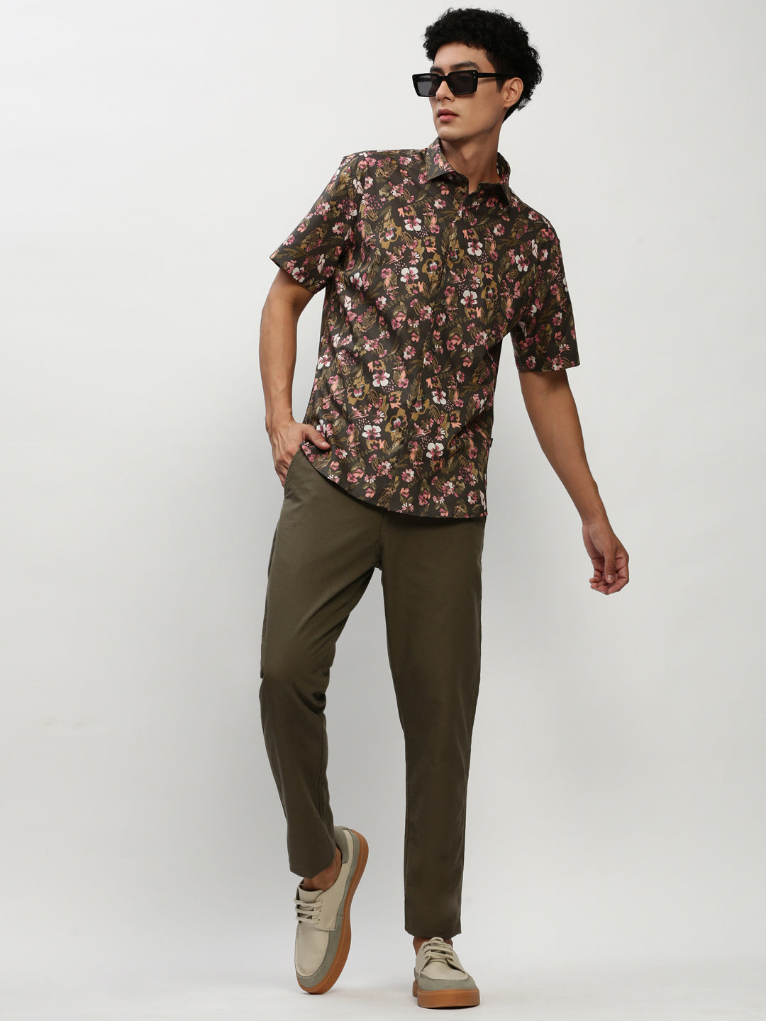 Men Green Floral Casual Casual Shirts