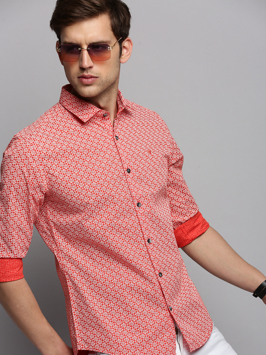 Men Orange Printed Casual Shirt