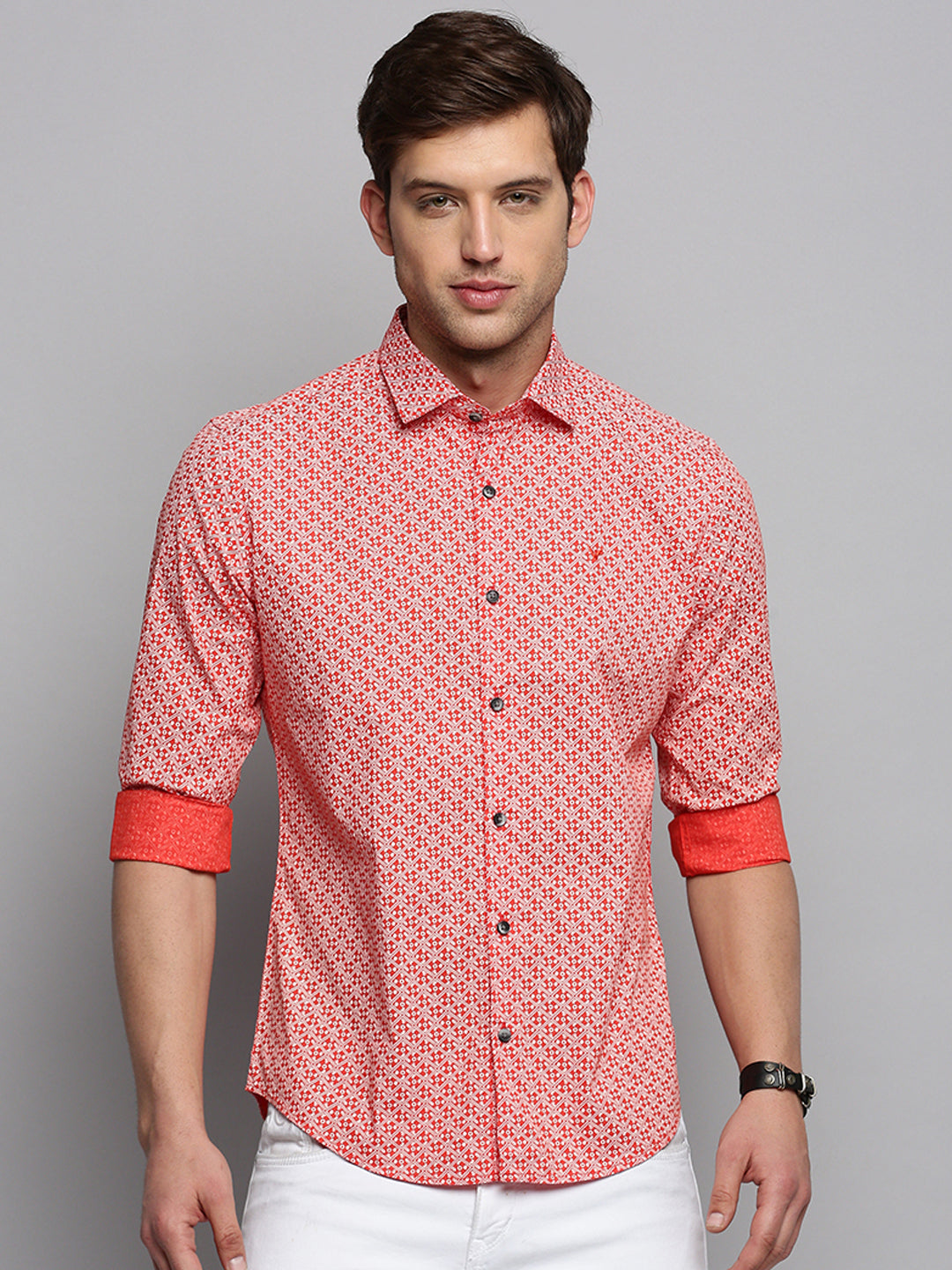 Men Orange Printed Casual Shirt