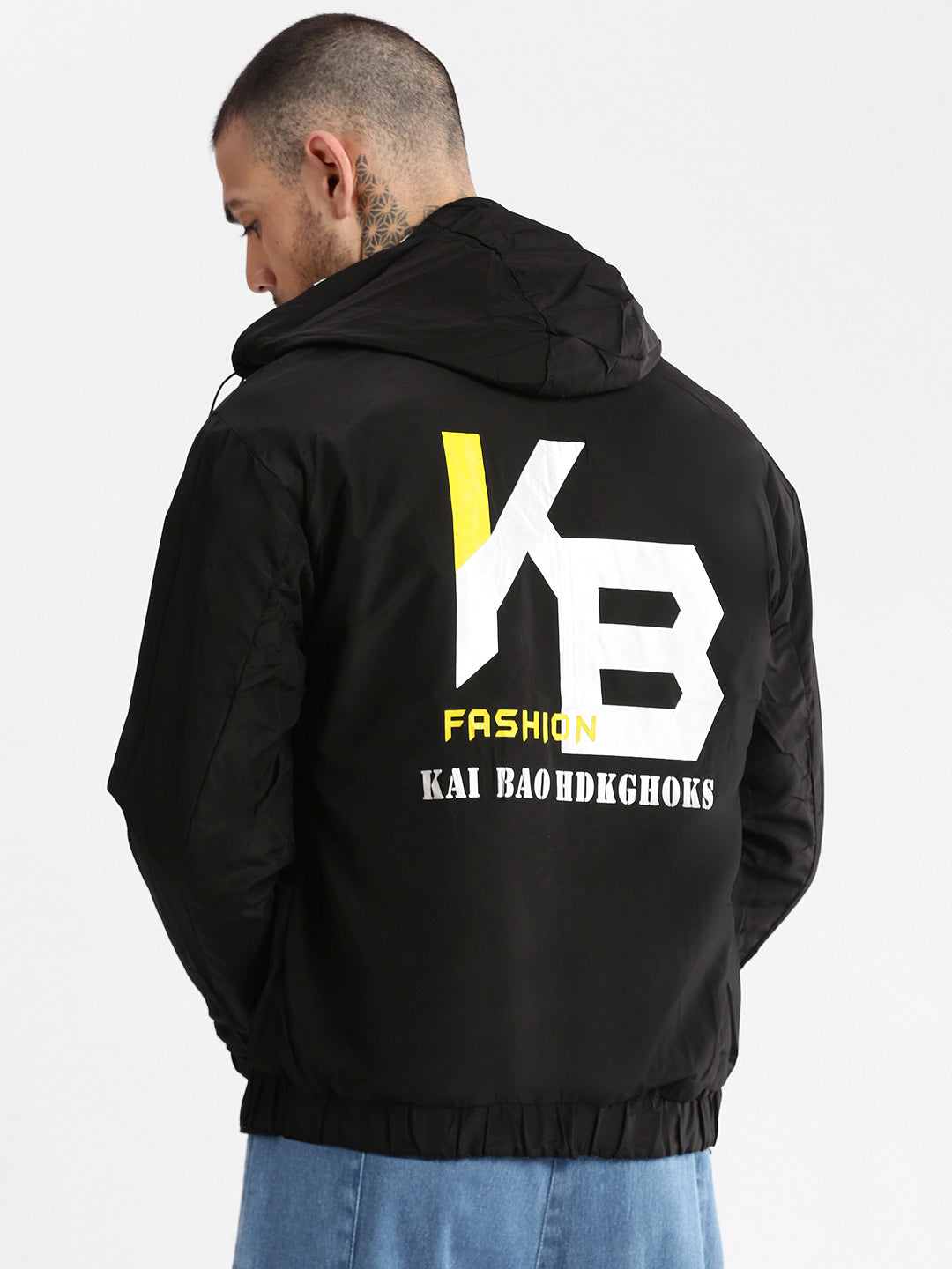 Men Hooded Black Typography Bomber Over sized Reversible Jacket