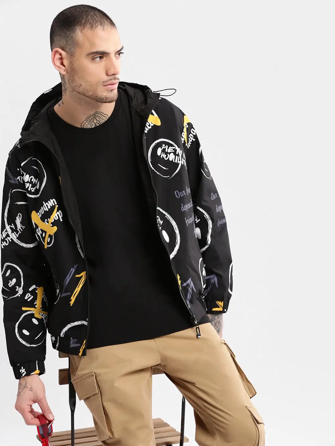 Men's Hooded Black Typography Bomber Over sized Reversible Jacket