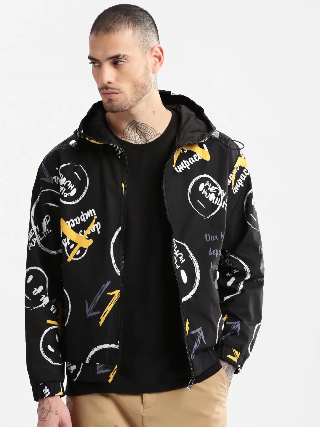 Men's Hooded Black Typography Bomber Over sized Reversible Jacket