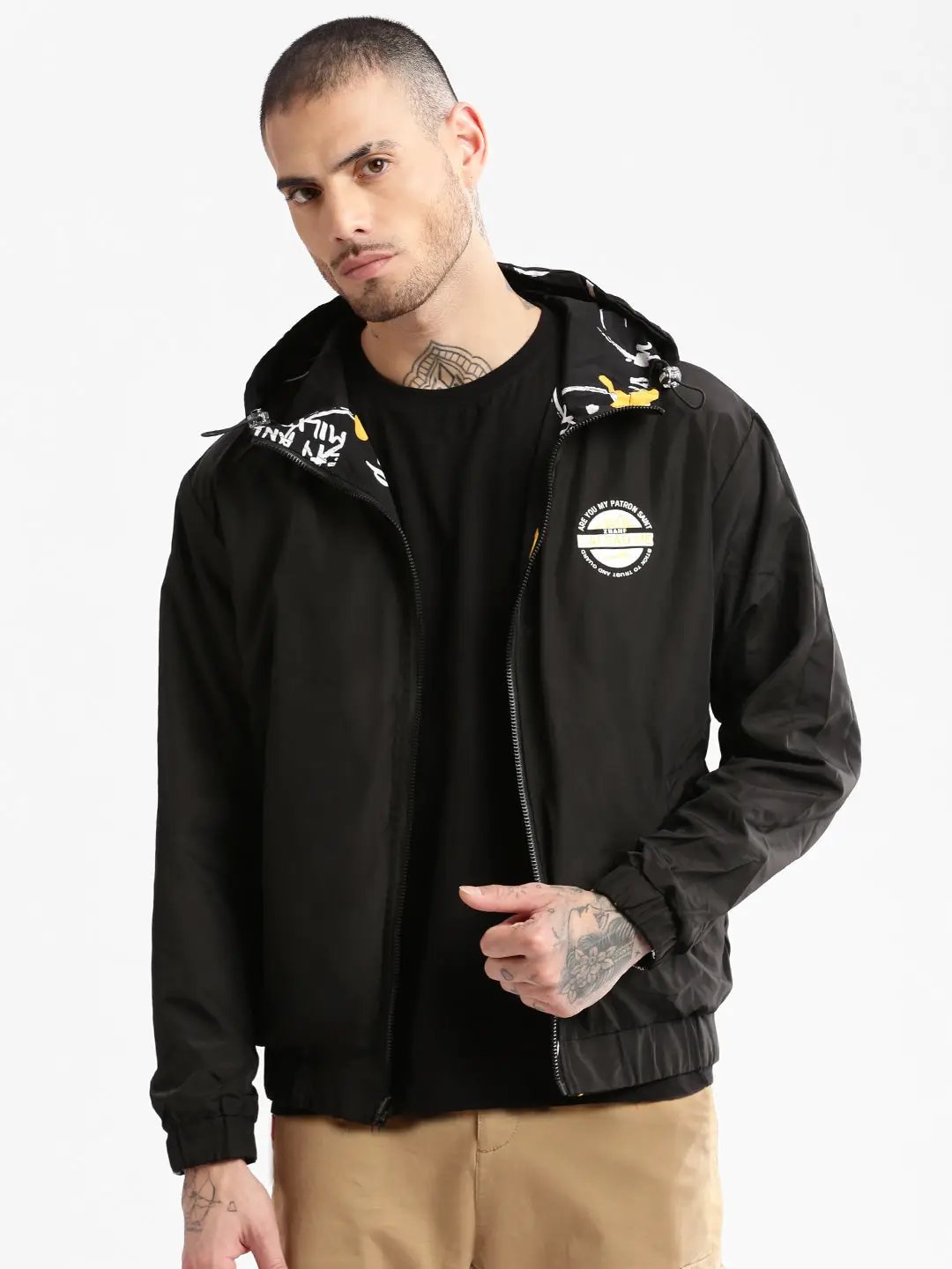 Men's Hooded Black Typography Bomber Over sized Reversible Jacket