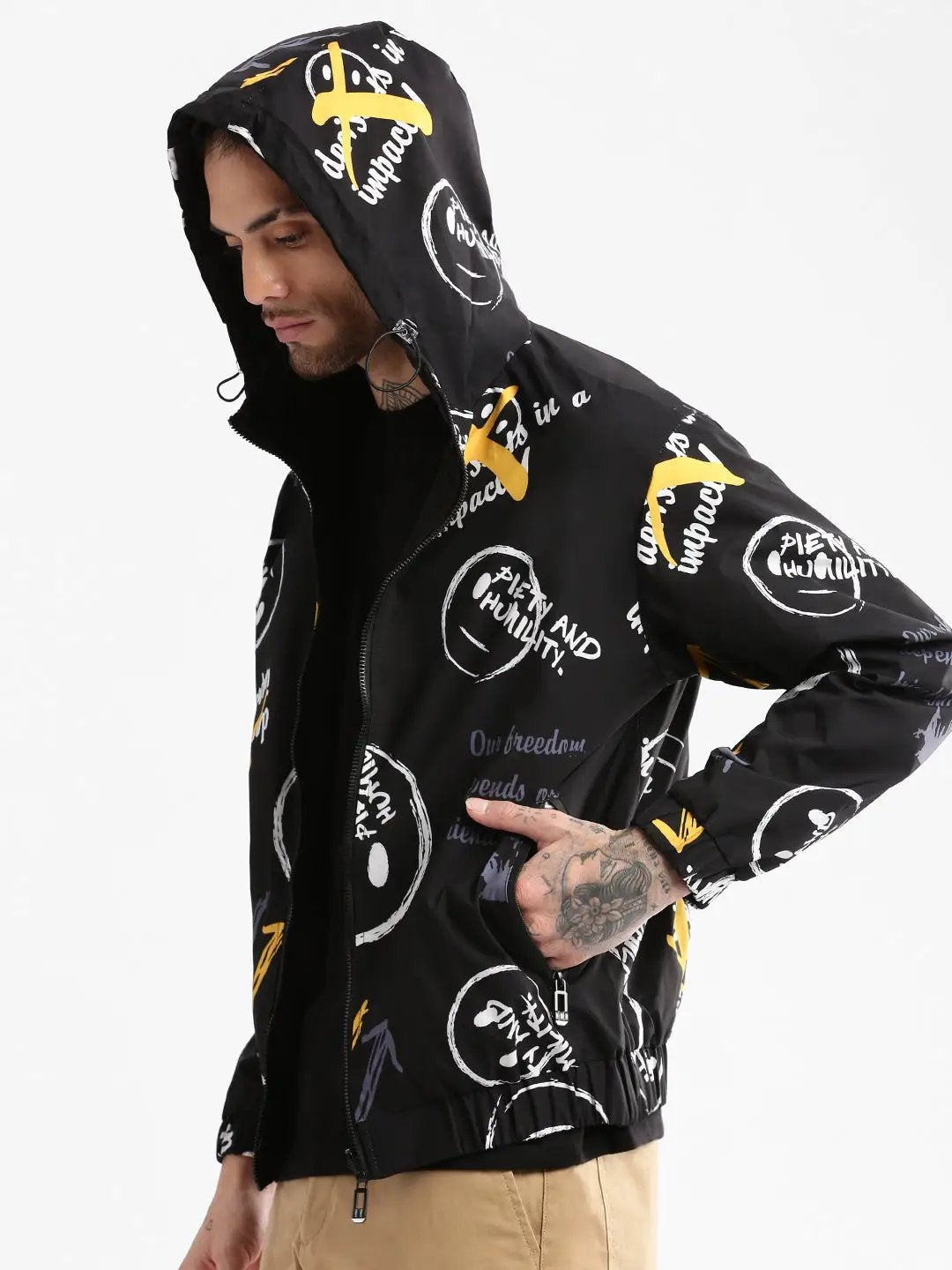 Men's Hooded Black Typography Bomber Over sized Reversible Jacket