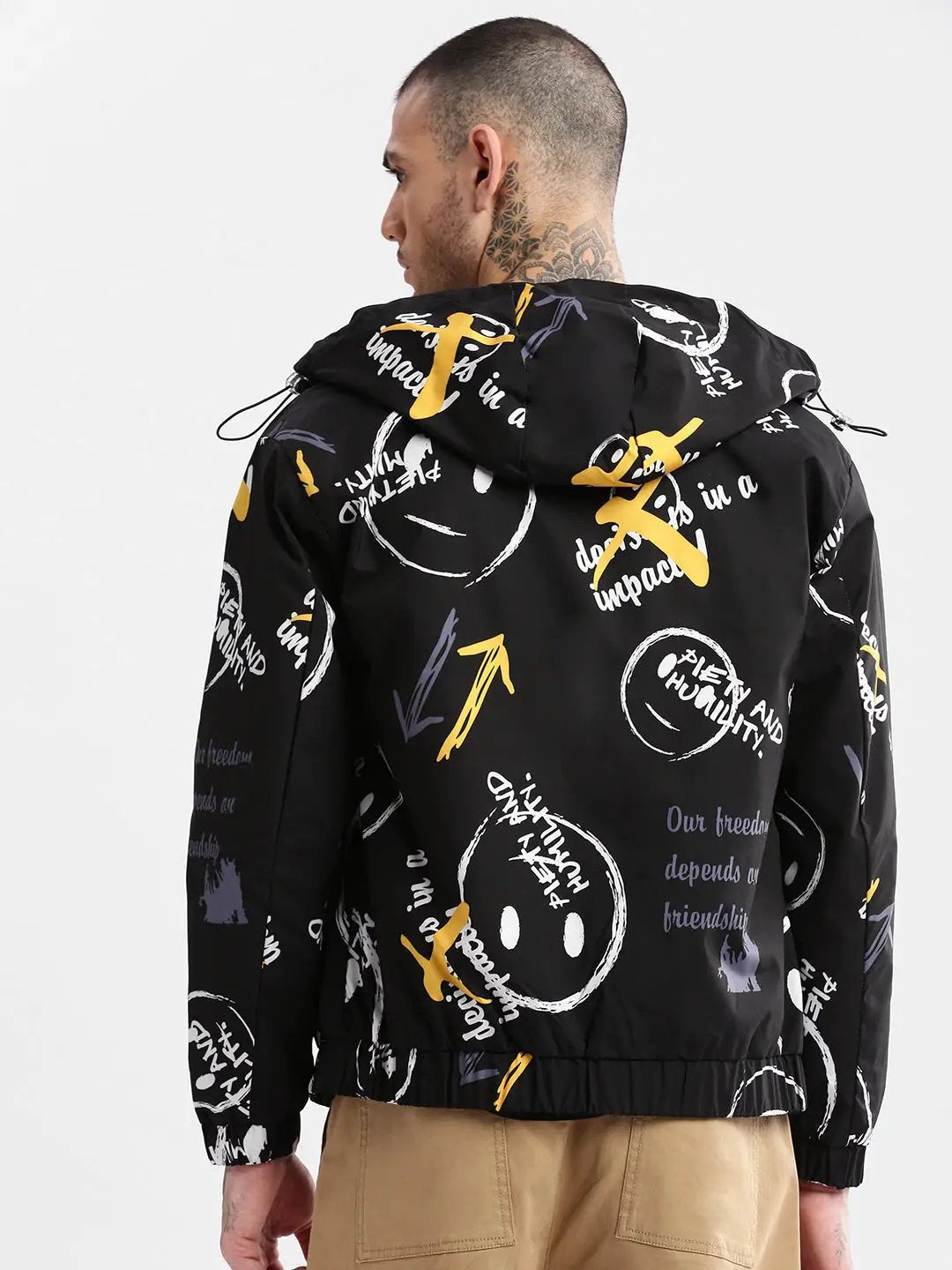 Men's Hooded Black Typography Bomber Over sized Reversible Jacket