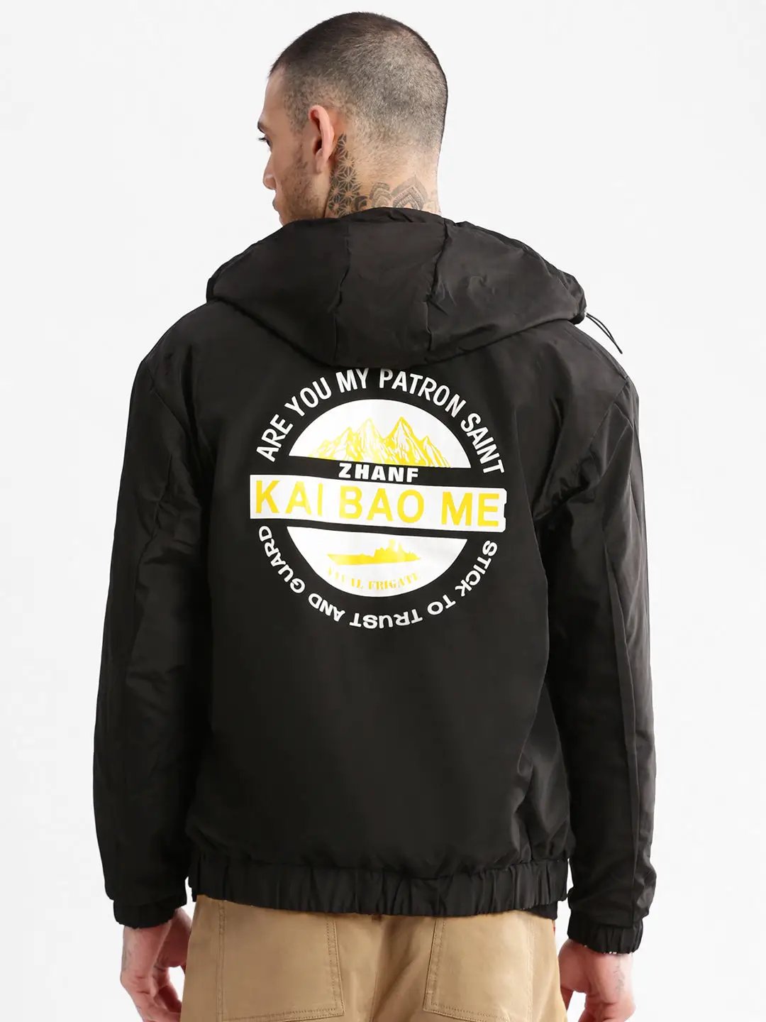 Men's Hooded Black Typography Bomber Over sized Reversible Jacket