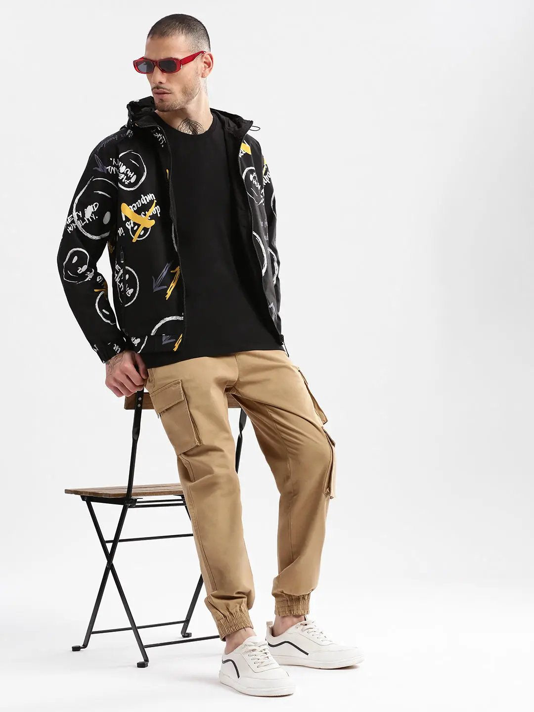 Men's Hooded Black Typography Bomber Over sized Reversible Jacket