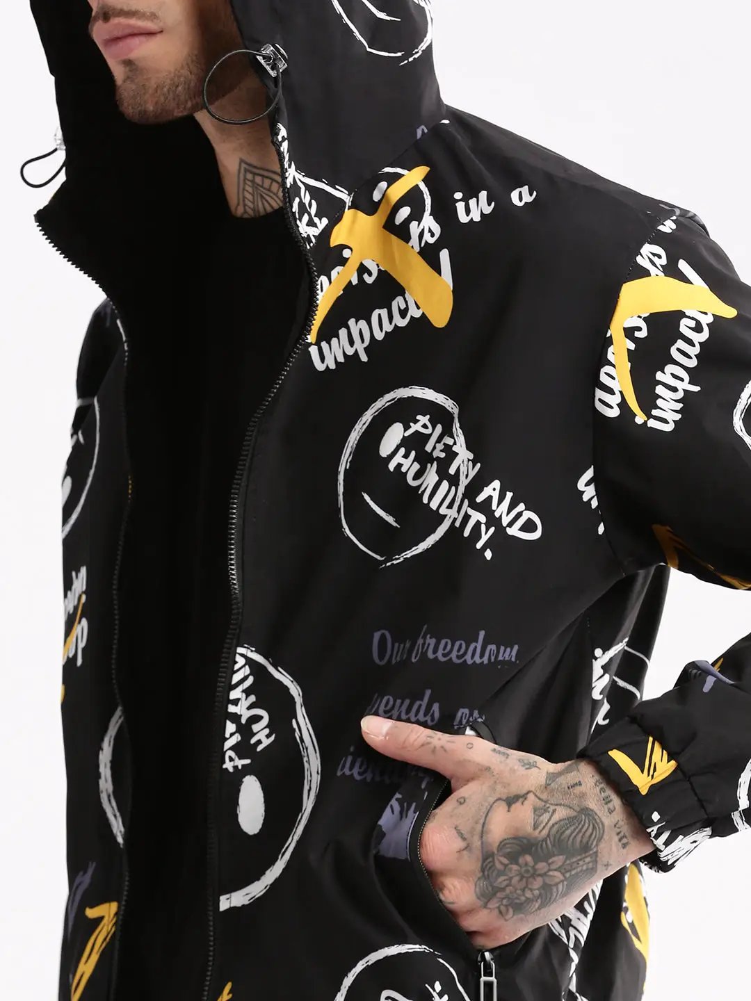 Men's Hooded Black Typography Bomber Over sized Reversible Jacket