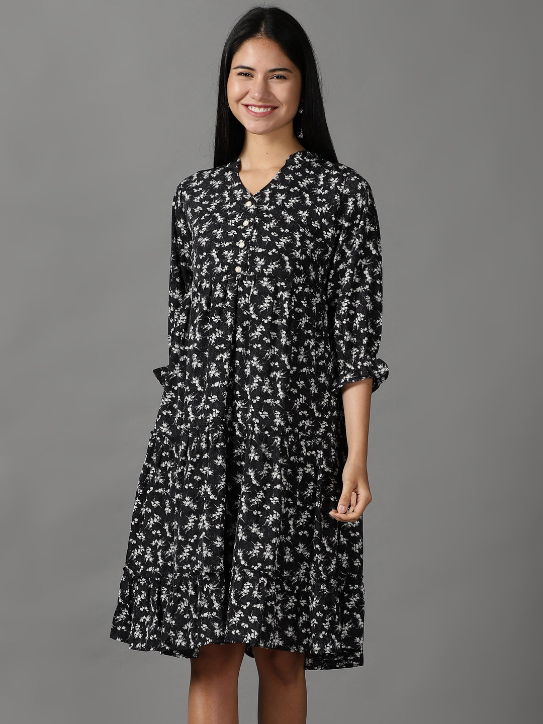 Women's Black Floral Fit and Flare Dress