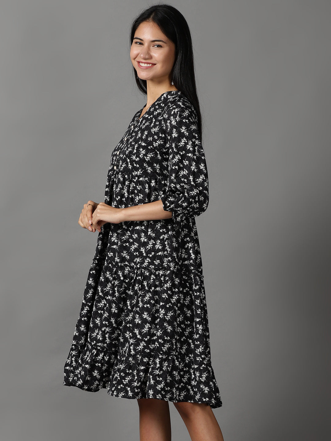 Women's Black Floral Fit and Flare Dress