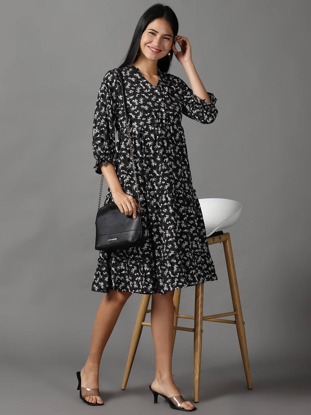 Women's Black Floral Fit and Flare Dress