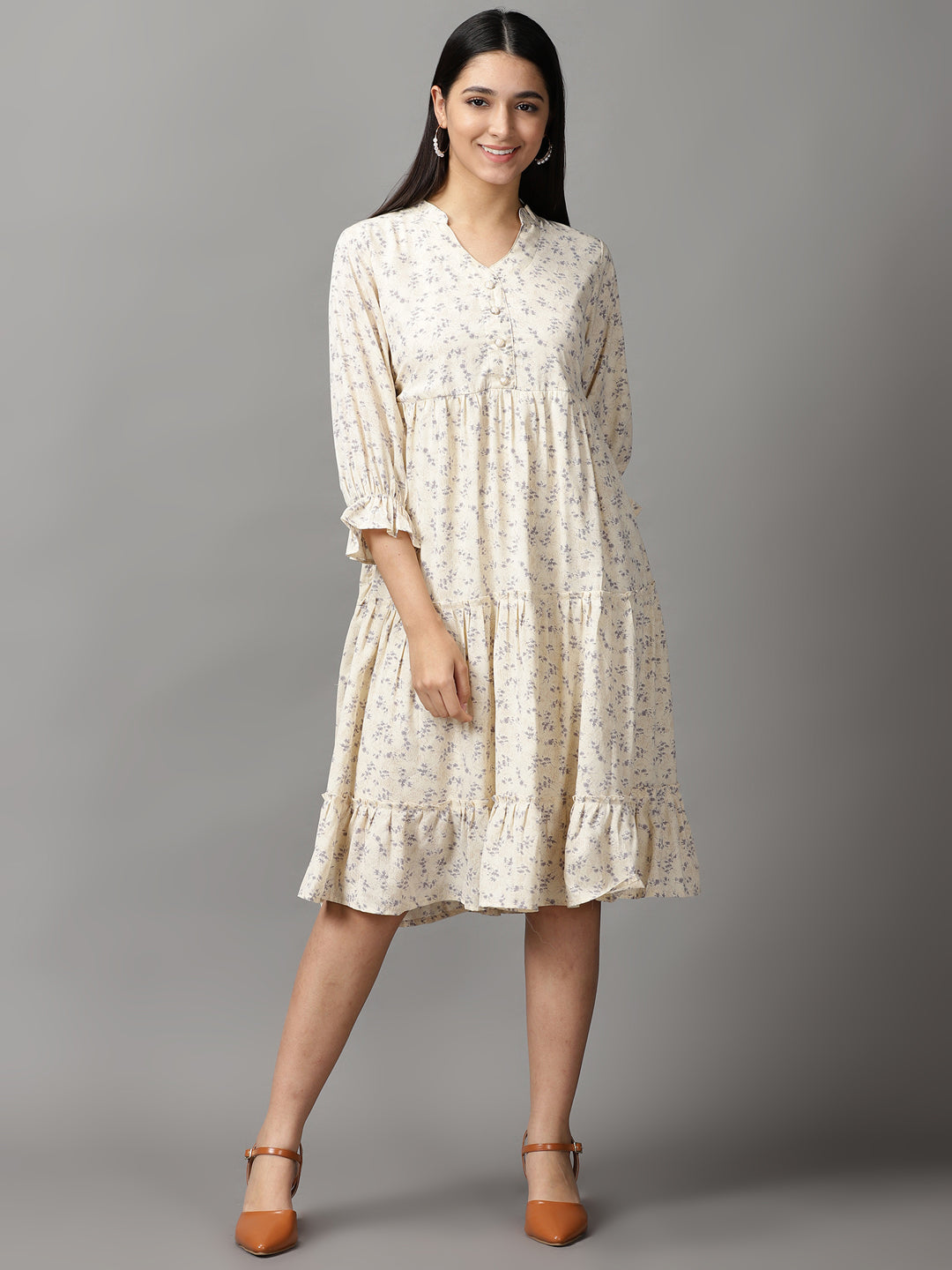 Women's Cream Floral Fit and Flare Dress