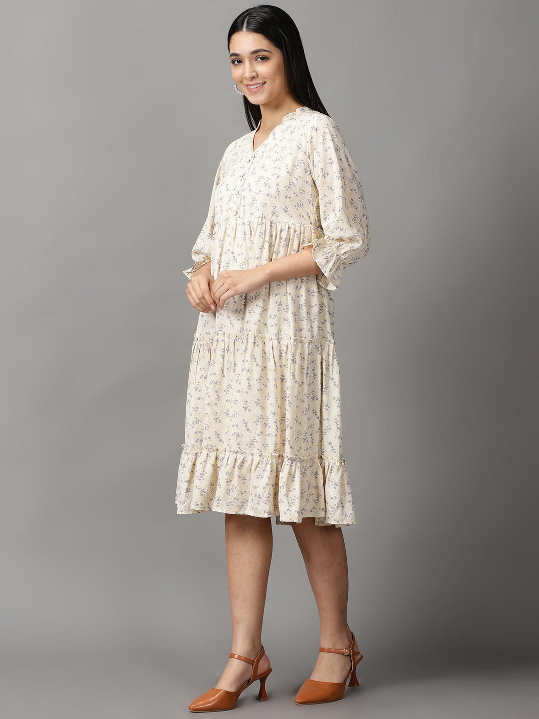 Women's Cream Floral Fit and Flare Dress