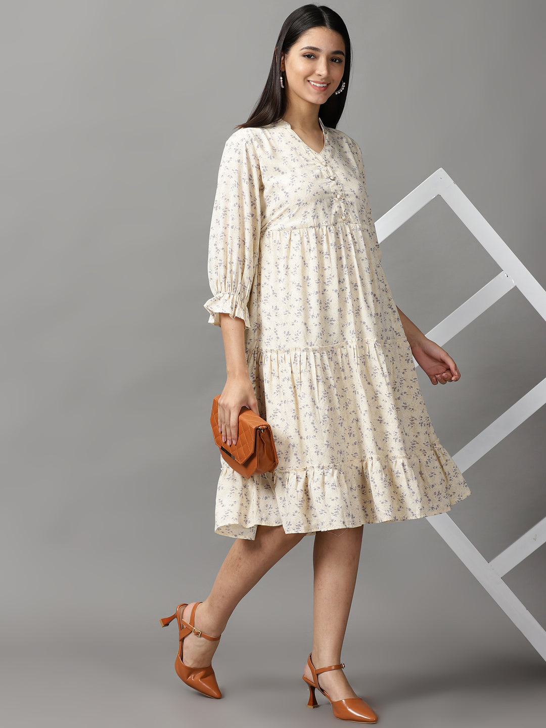 Women's Cream Floral Fit and Flare Dress