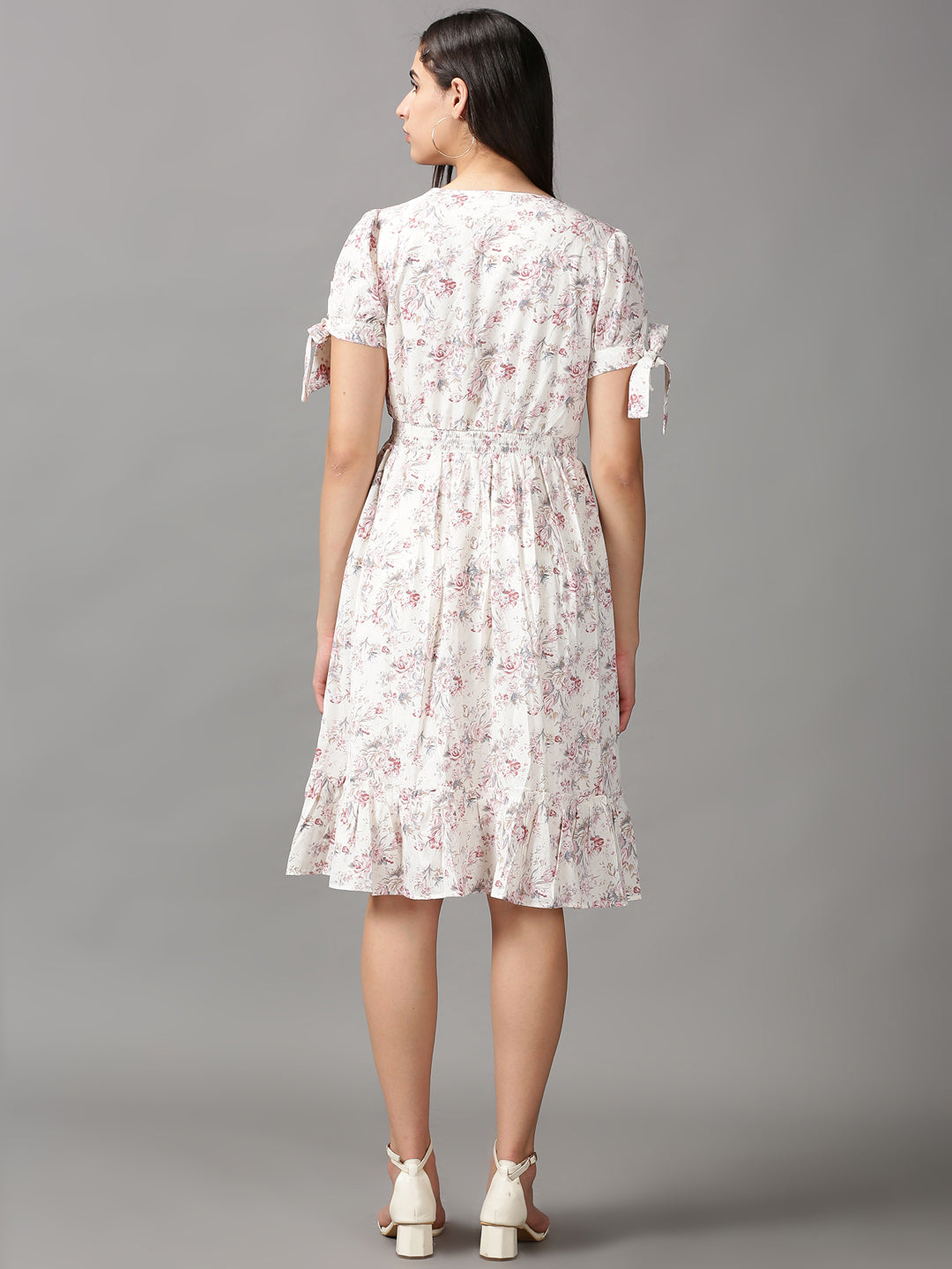 Women's CreamPink Floral Fit and Flare Dress