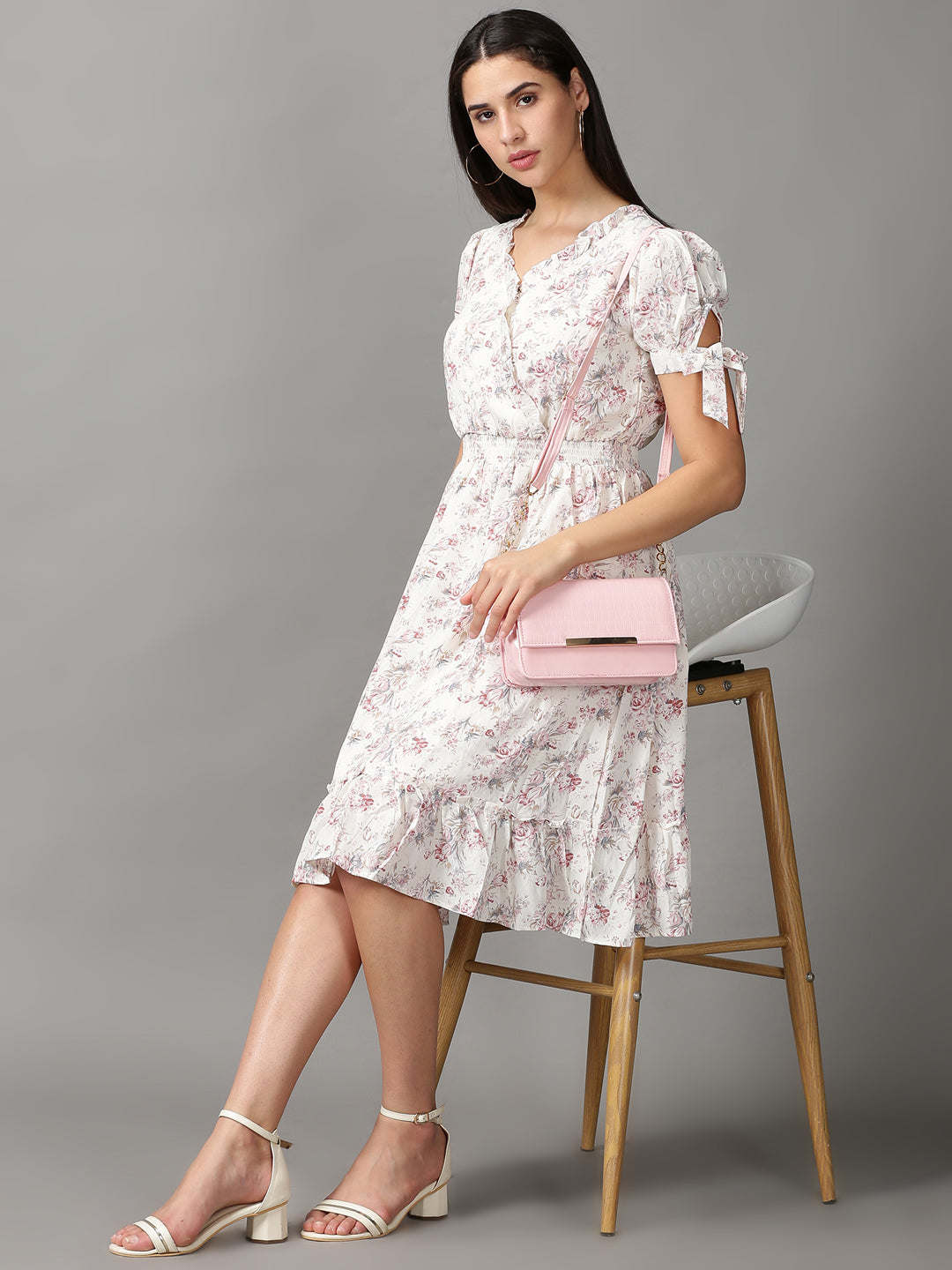 Women's CreamPink Floral Fit and Flare Dress