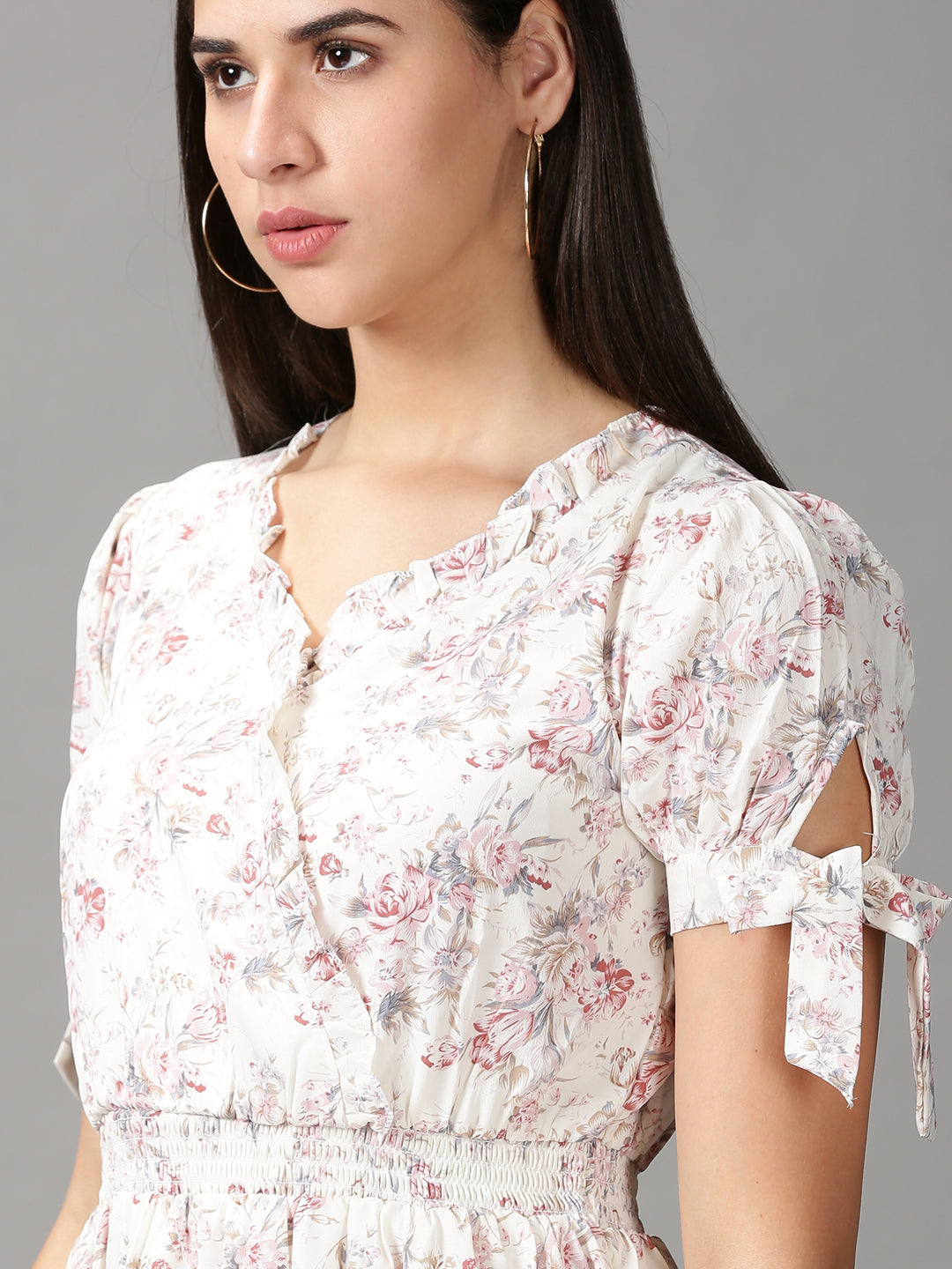 Women's CreamPink Floral Fit and Flare Dress