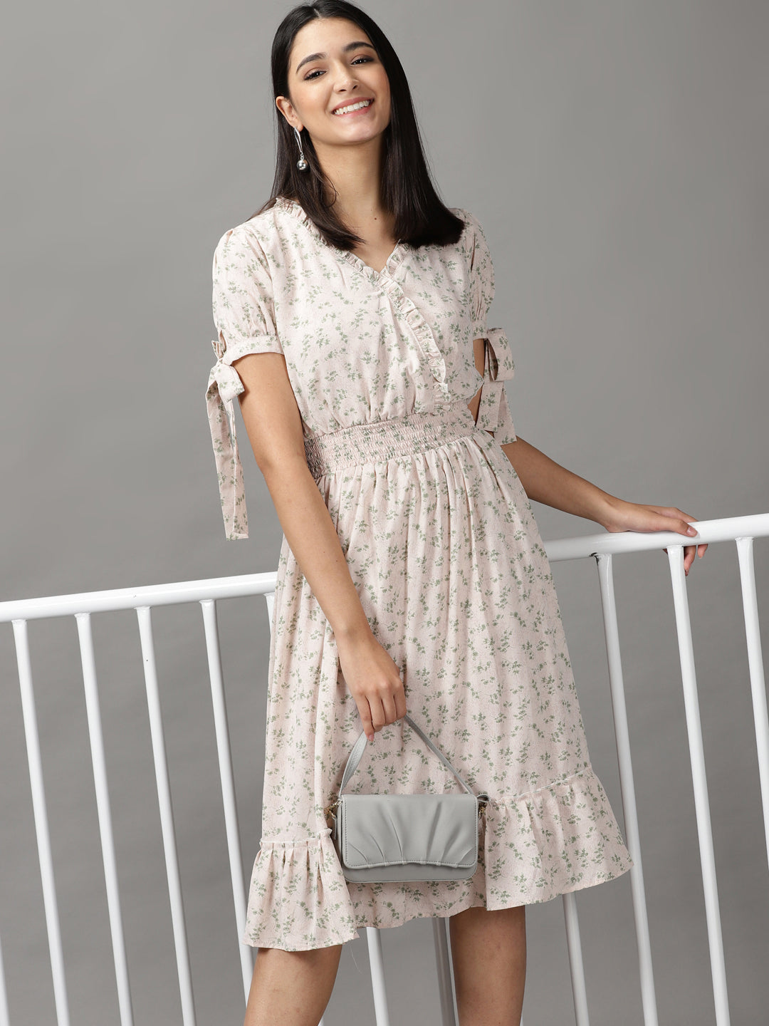 Women's Cream Floral Fit and Flare Dress