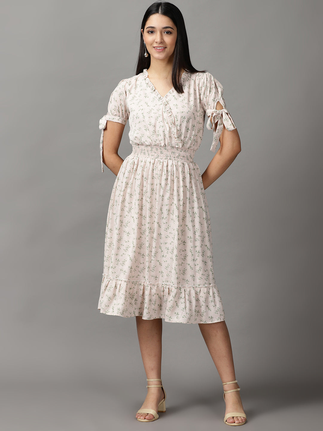 Women's Cream Floral Fit and Flare Dress