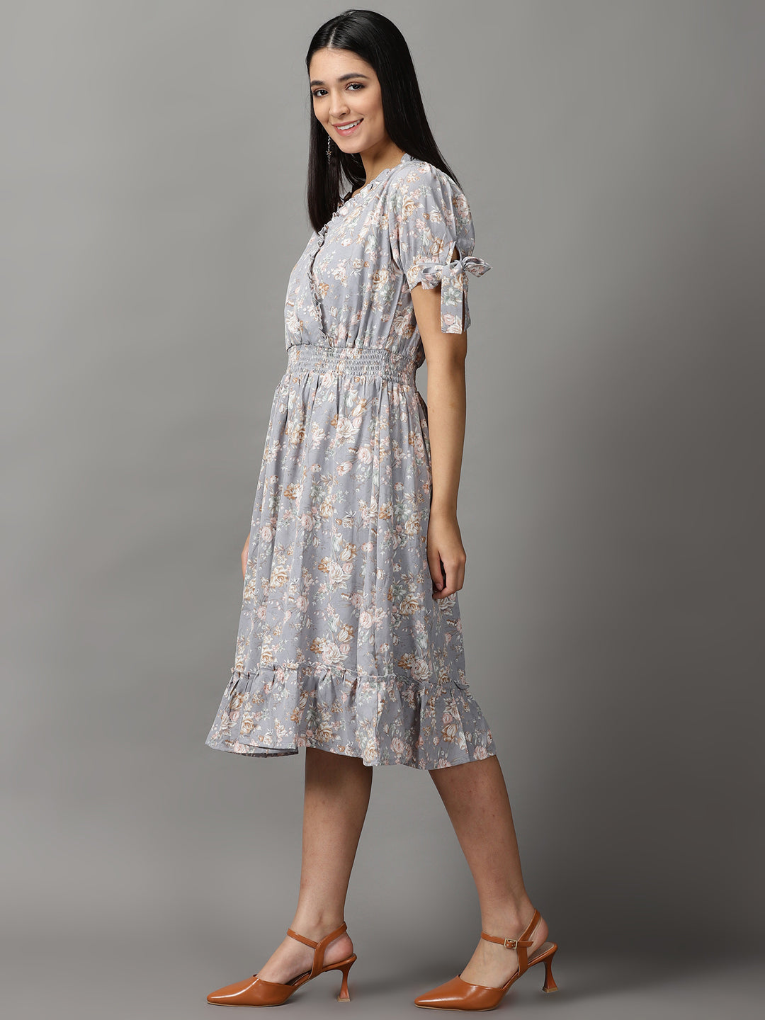 Women's Grey Floral Fit and Flare Dress