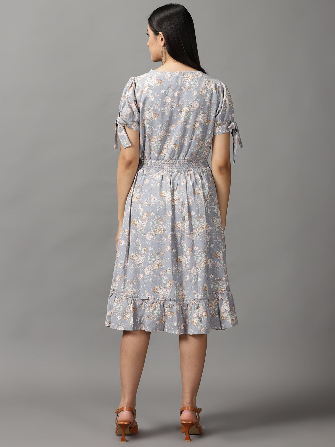 Women's Grey Floral Fit and Flare Dress